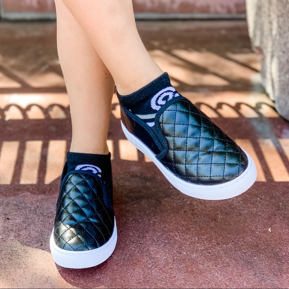 Kids Black PU Quilted Slip On Sneakers